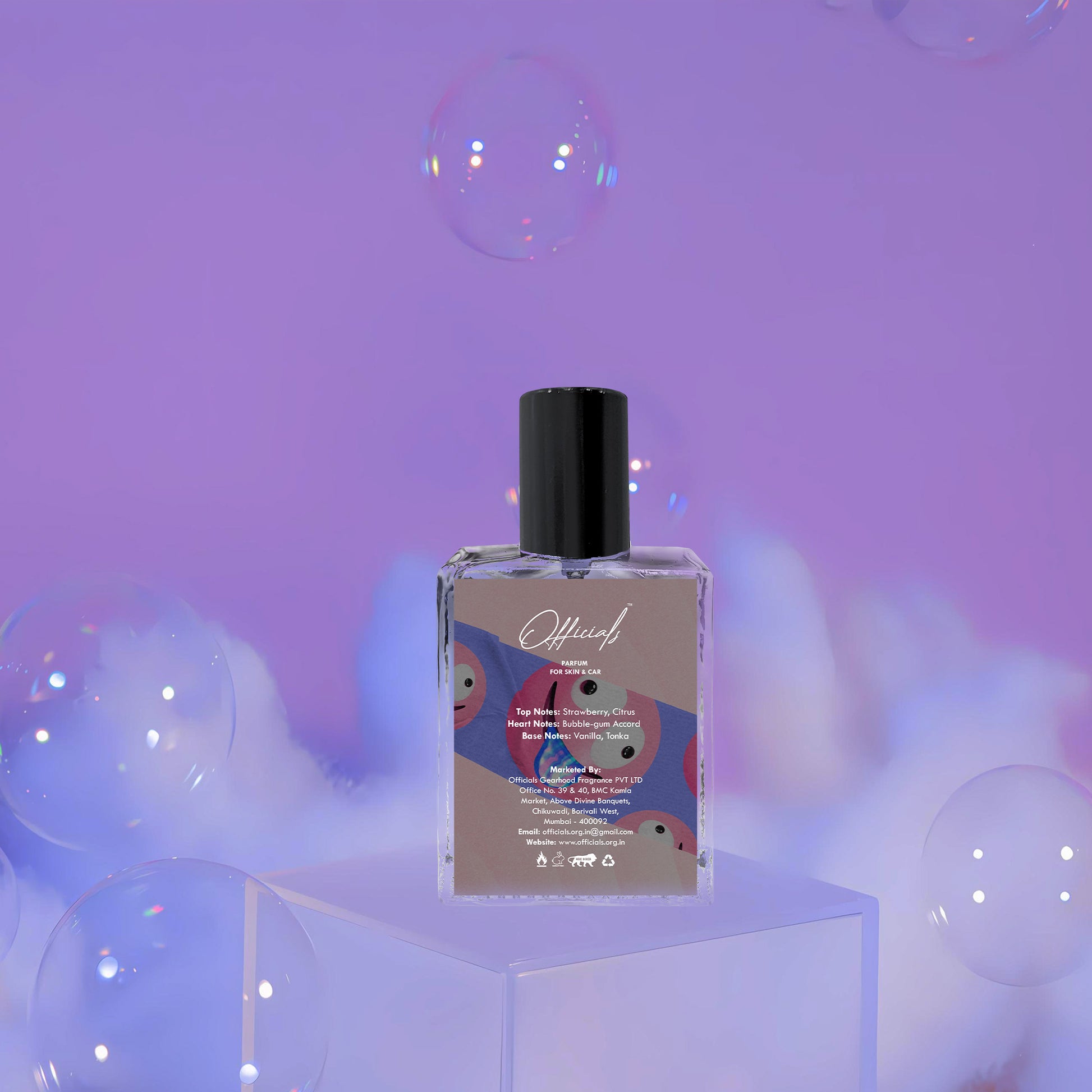 Whimsical Bubble Burst perfume, displayed in a vibrant bottle that reflects the sweet, youthful fragrance of bubble gum