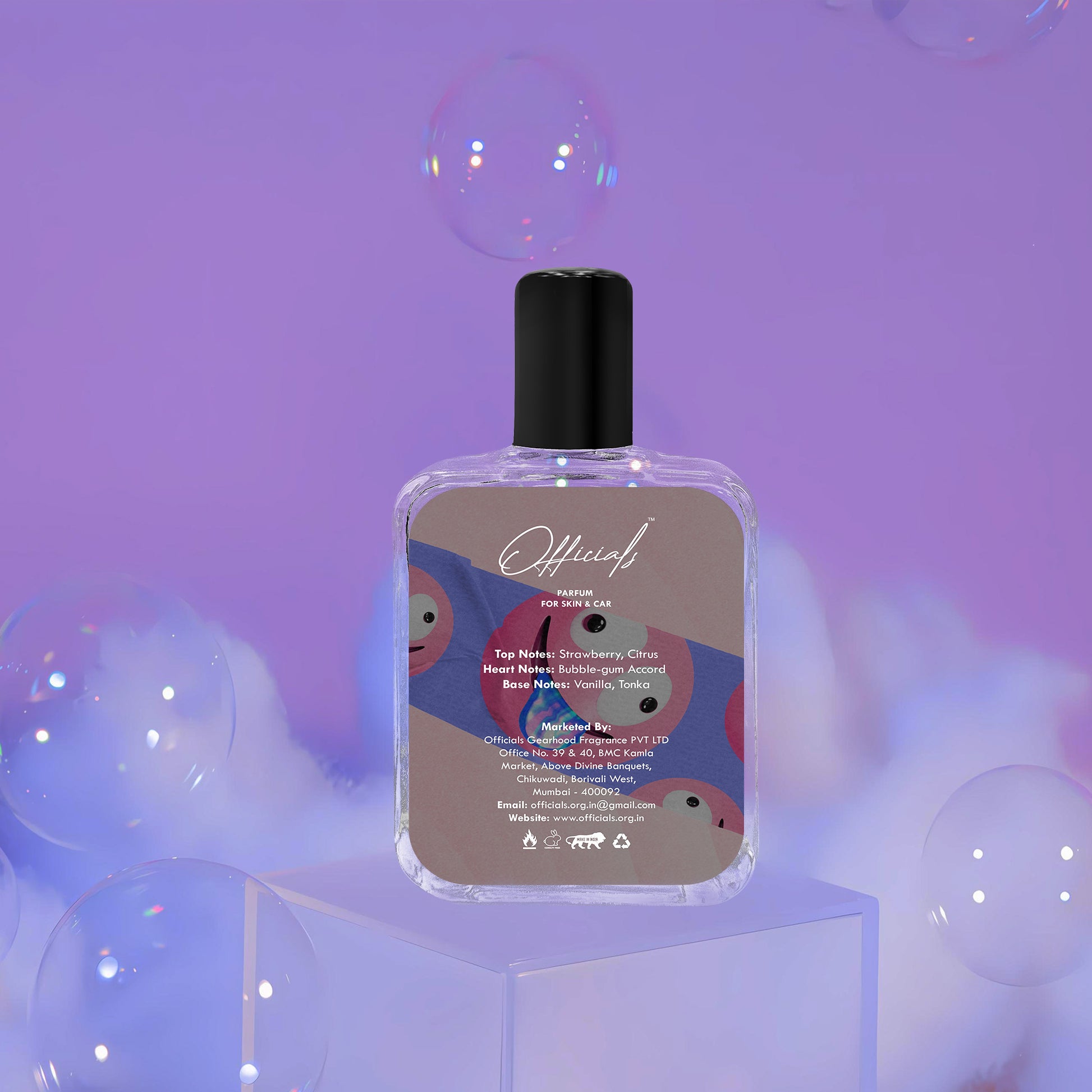 Delightful Bubble Burst perfume, showcased in a colorful bottle with bubble designs, exuding the sweet aroma of bubble gum