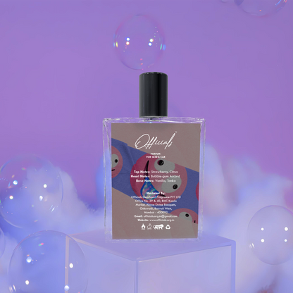 Bubble Burst perfume, with its fun, vibrant packaging, captures the essence of bubble gum in a whimsical bottle design