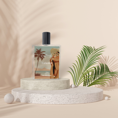 Bottle of Celestial perfume, featuring a sleek design that captures the essence of a refreshing ocean breeze with aquatic notes